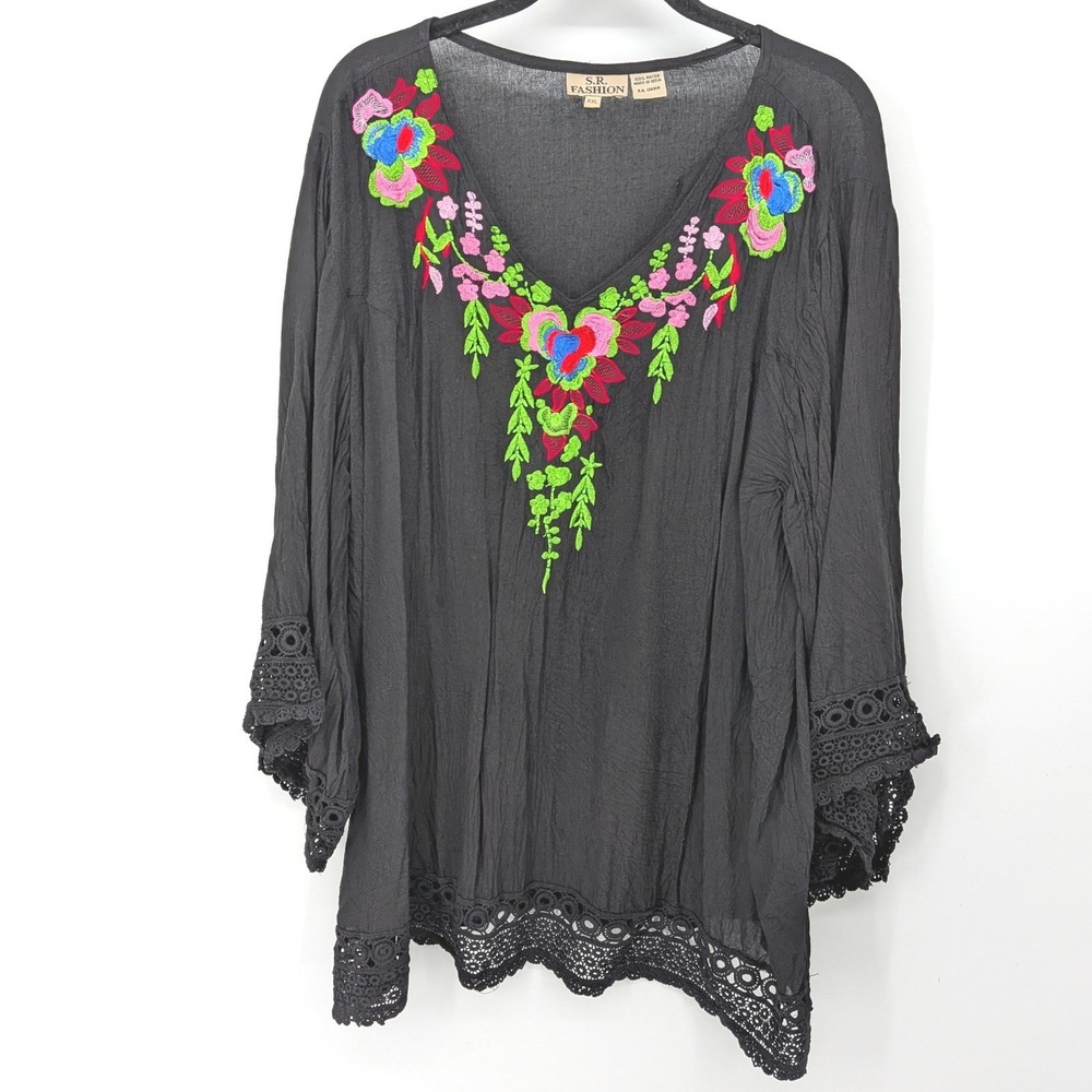 S.R. Fashion Blouse Women XXL Black Floral Embroidered Lace Boho Top Peasant